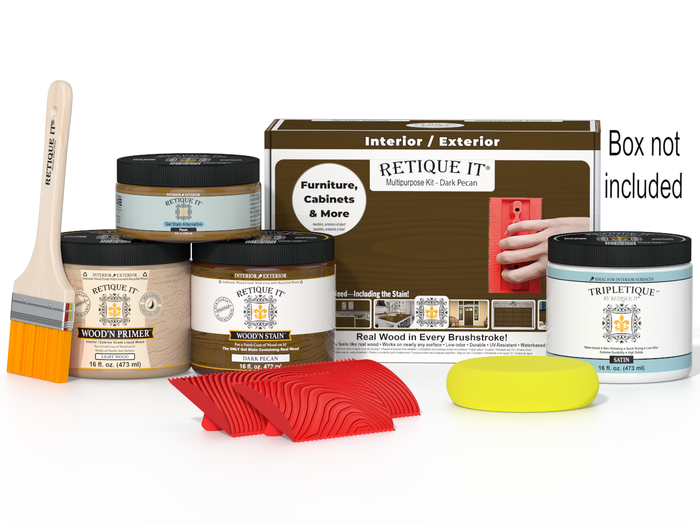 Dark Pecan Wood'n Kit by Retique It for interior top coat, includes wood finish supplies in a compact box.