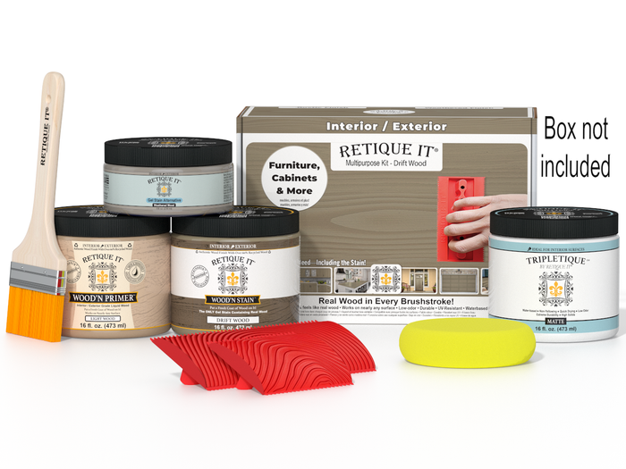 Retique It Wood'n Finish Kit in driftwood color with interior top coat for multi-purpose wood finishing, shown in the box.