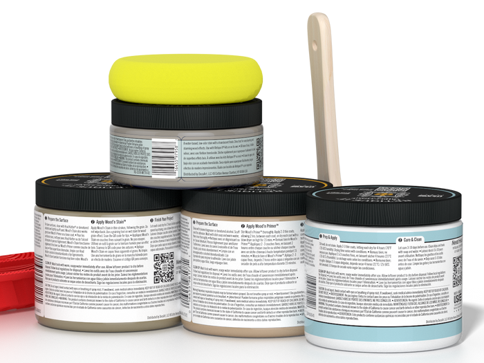 Back view of Retique It Wood'n Finish Kit in Drift Wood for interior top coating, showing application tools and product packaging.