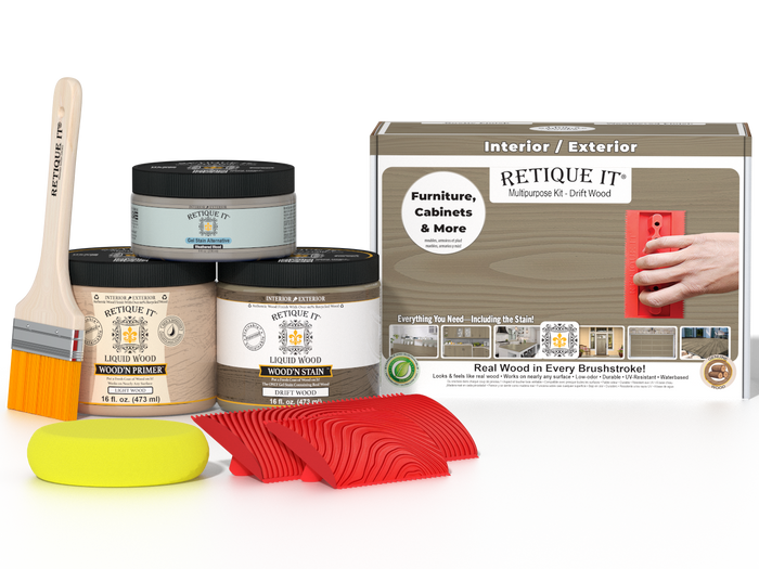 Multi-purpose Wood'n Kit in Drift Wood finish by Retique It, featuring wood finishing tools and supplies.