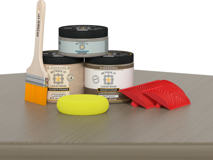 Retique It Wood'n Finish Kit in medium for driftwood effect, includes brushes and finishing tools for wood furniture.