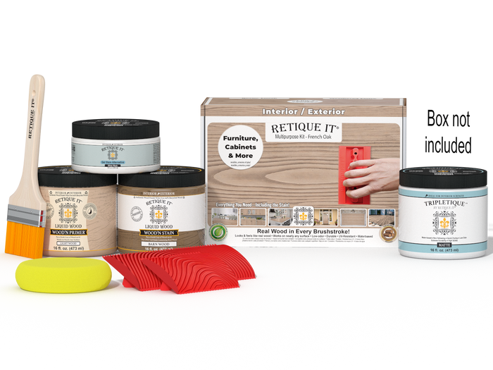 Retique It Wood'n Kit Medium French Oak interior top coat with applicator brush and finishing supplies in a box.