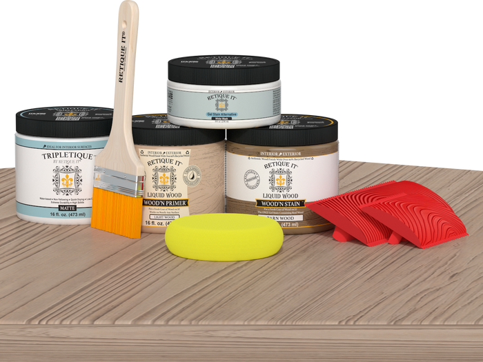 Retique It Wood'n Kit in French Oak for interior wood finishing, shown with the top coat application on a table.