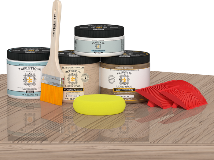 Retique It Wood'n Finish Kit in French Oak for interior top coat, featuring a multi-purpose wood finishing set on a table.