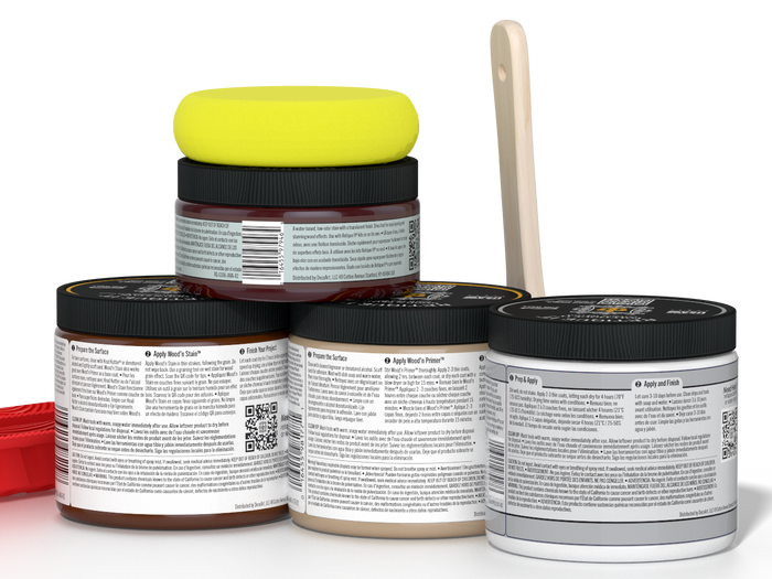 Rear view of Retique It Wood'n Finish Kit in Java, a multi-purpose exterior top coat kit with wood finish tools and components.