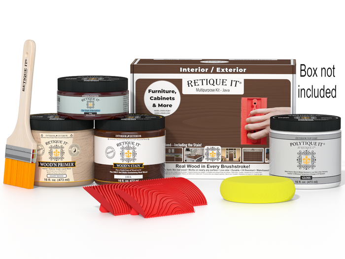 Retique It Wood'n Kit Java exterior top coat set with wood finish products, includes brushes and application tools in a box.