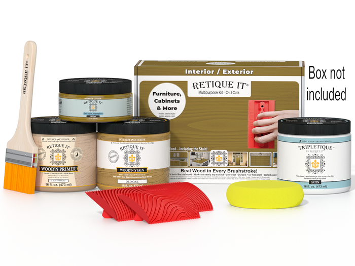 Retique It Wood'n Finish Kit in Old Oak for interior top coat, featuring a box with wood stain and finishing supplies.
