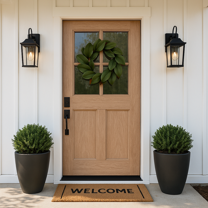 Retique It Pickled Oak Wood'n Finish front door kit on a modern cottage entryway, showcasing natural wood grain and pickled oak stain.