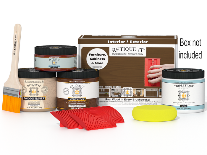 Retique It Wood'n Finish Kit in Vintage Cherry for interior wood projects, featuring multi-purpose top coat and application tools.