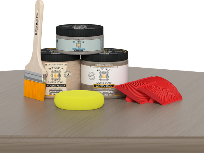 Retique It Wood'n Finish Kit in Weathered Wood, a multi-purpose wood finishing set with brushes and stain for furniture projects.