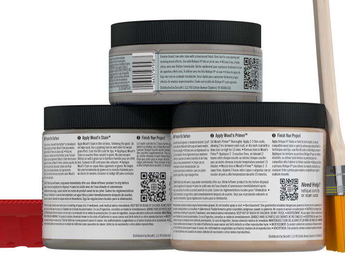 Retique It Wood'n Finish Kit in Weathered Wood, medium size, showing application tools and weathered wood textured finish.