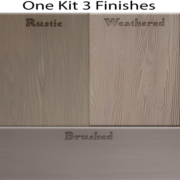 Swatches of Retique It Wood'n Kit (Med) weathered wood finish with three different finish options displayed on sample cards.