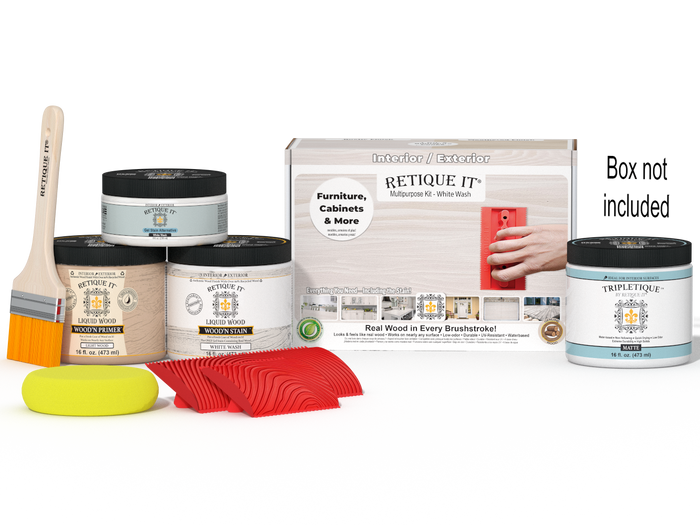 Retique It Wood'n Kit (Med) in White Wash finish, interior top coat for wood furniture and surfaces, with applicator brush and supplies.