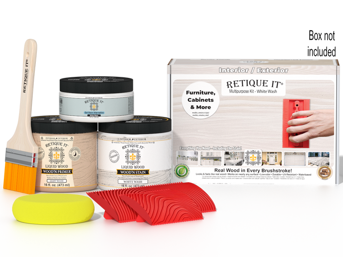 Retique It Wood'n Finish Kit in White Wash, medium-sized multi-purpose kit for wood finishing projects, includes applicator tools.