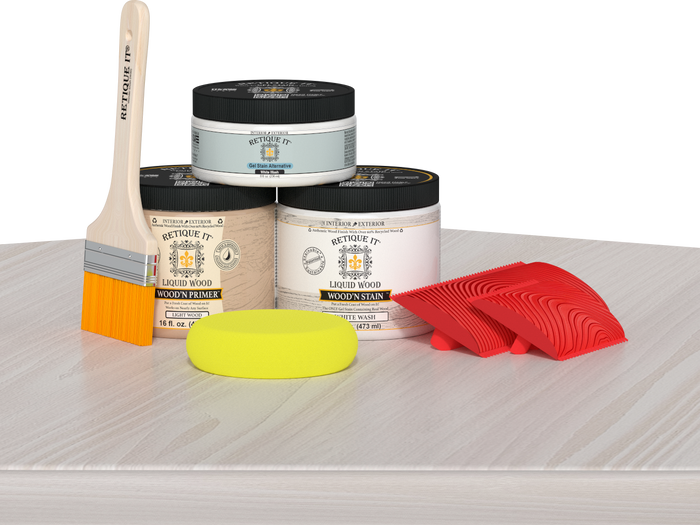 Retique It Wood'n Finish Kit in White Wash for multi-purpose wood finishing, displayed on a table.