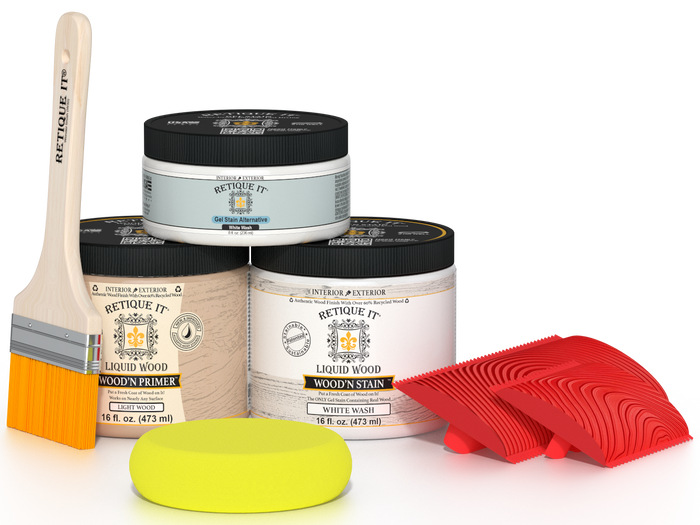Retique It Wood'n Finish Kit in White Wash, medium-sized, showing wood finish application and tools included in the kit.