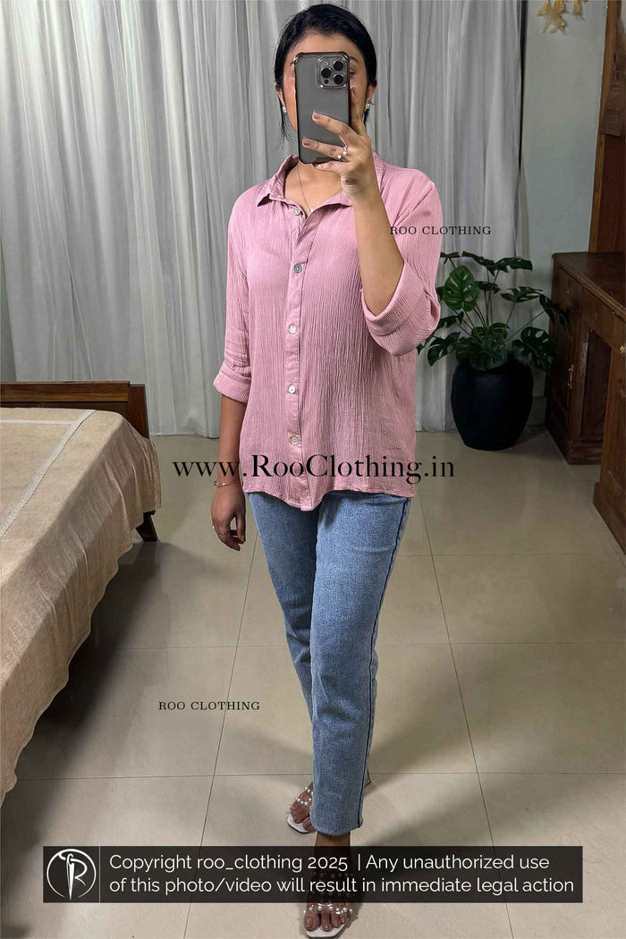 Muse Pink Crinkled Rayon Full Sleeve Shirt – Relaxed Fit