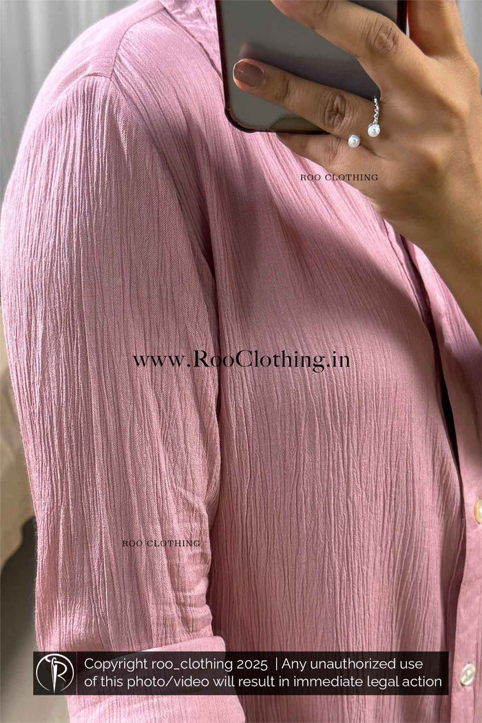 Muse Pink Crinkled Rayon Full Sleeve Shirt – Relaxed Fit