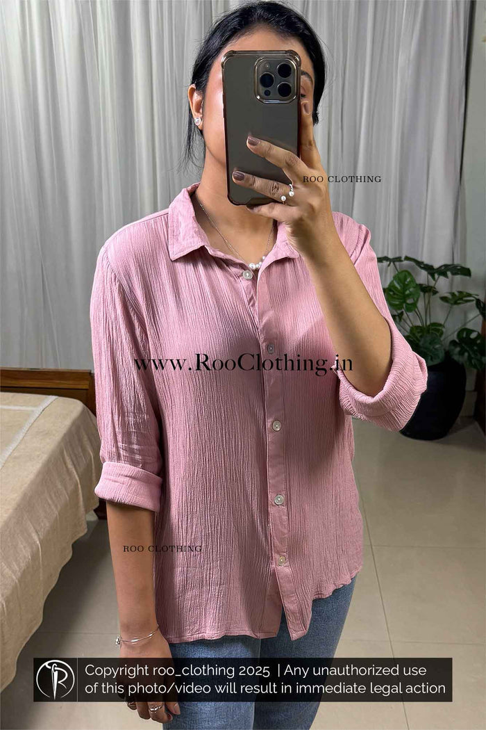 Muse Pink Crinkled Rayon Full Sleeve Shirt – Relaxed Fit