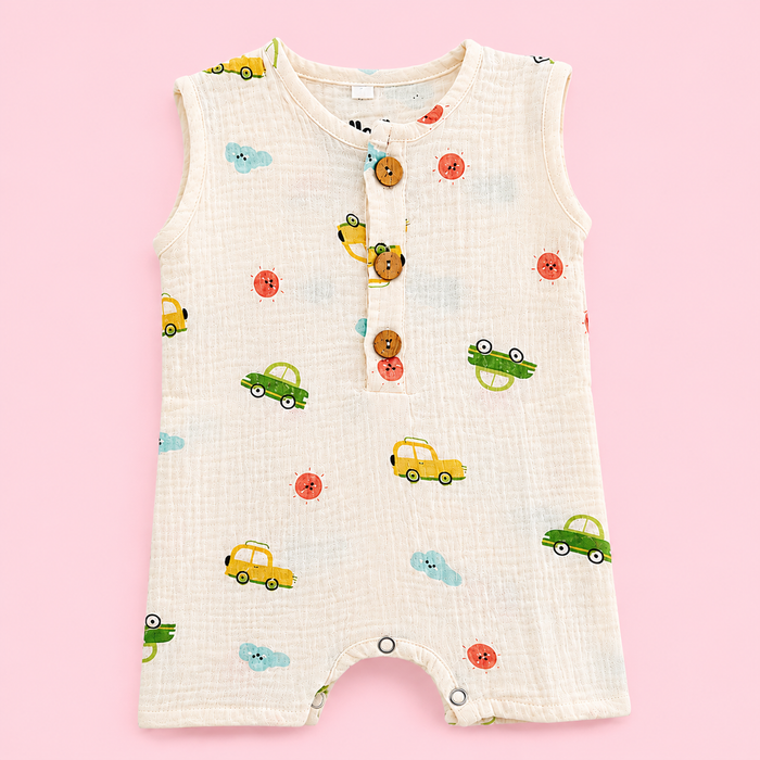 Muslin Cotton Baby Romper | Sleeveless | Car Print