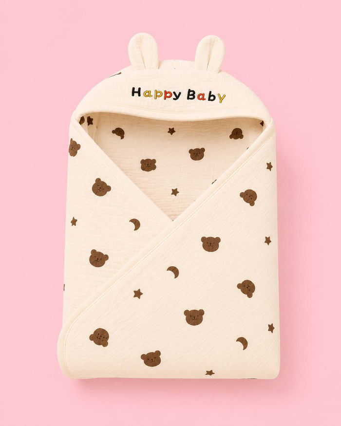 Muslin Hooded Baby Wrapper – Cute Bear and star Print |