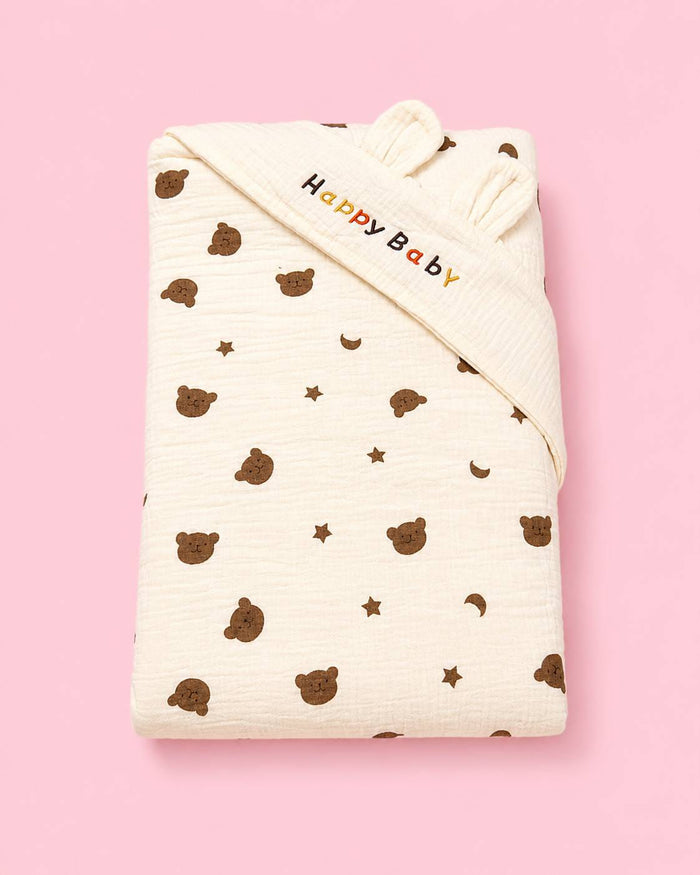 Muslin Hooded Baby Wrapper – Cute Bear and star Print |