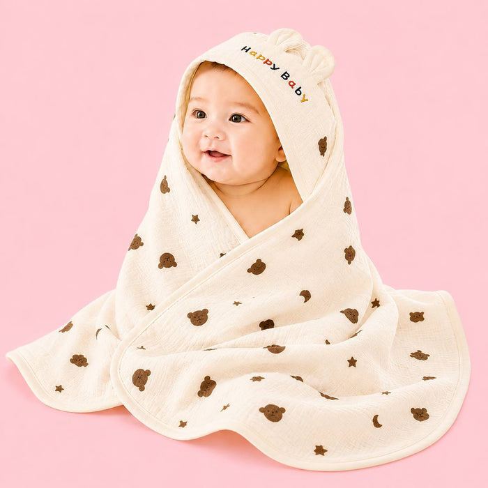 Muslin Hooded Baby Wrapper – Cute Bear and star Print |