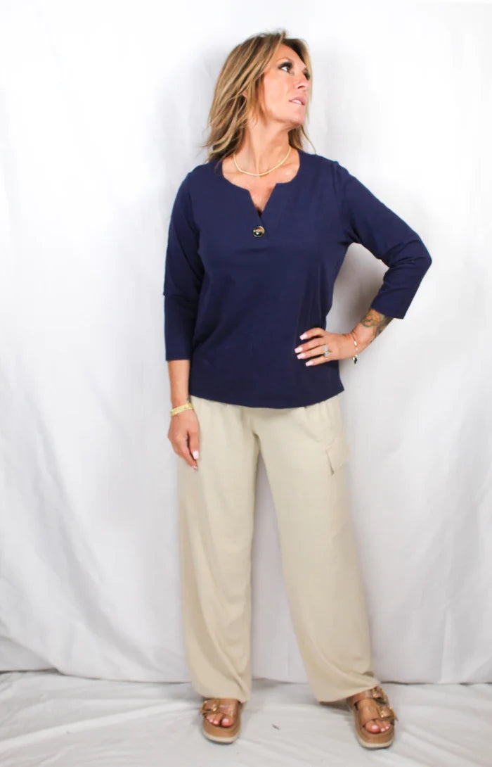 Navy - 1 Button 3/4 Sleeve Split Neck Tee