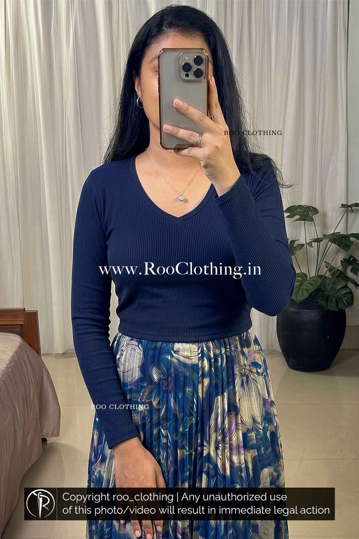 Navy Blue Ribbed V-Neck Full Sleeve Top