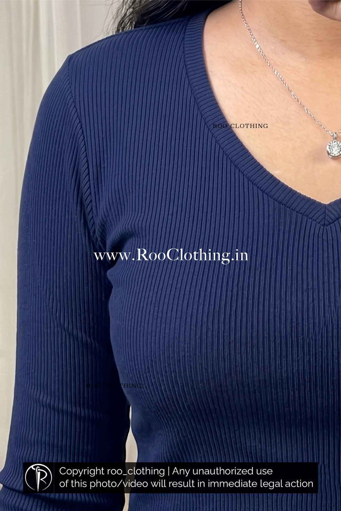 Navy Blue Ribbed V-Neck Full Sleeve Top