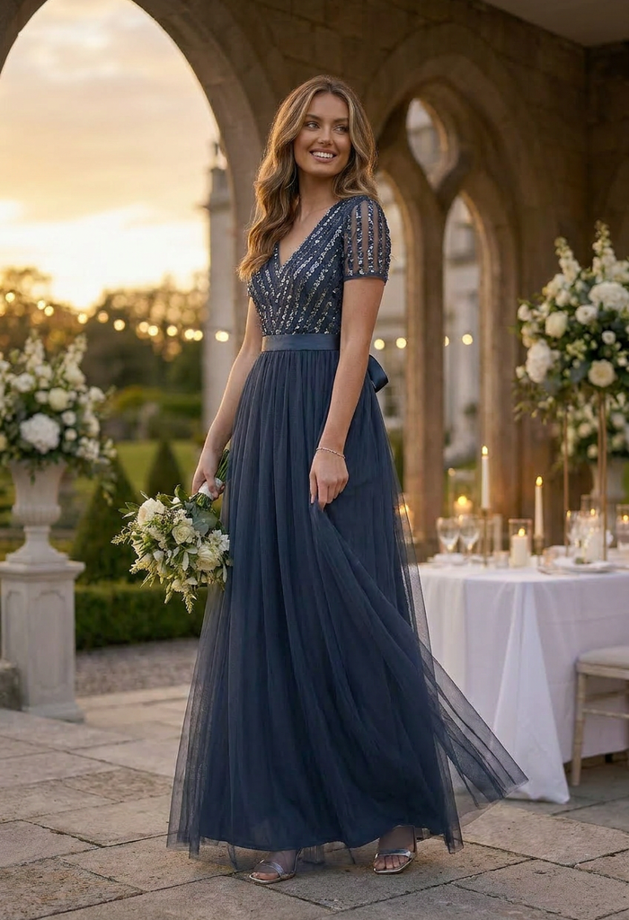 NAVY V NECK SEQUIN AND TULLE DRESS WITH TIE WAIST