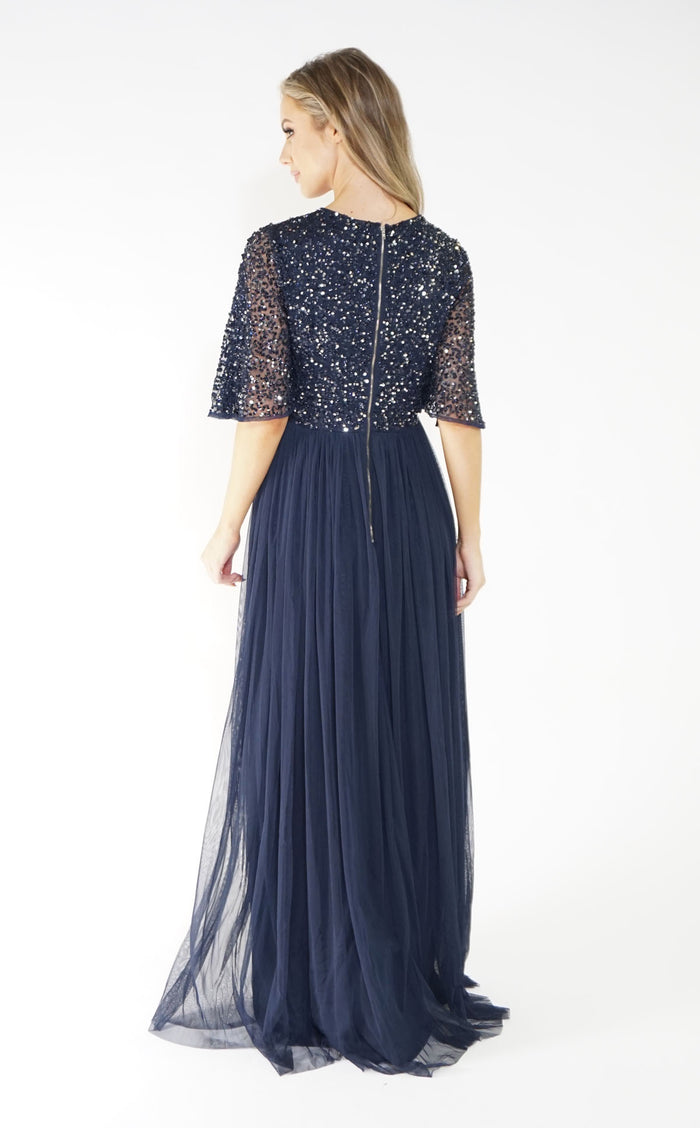 NAVY V NECK TULLE DRESS