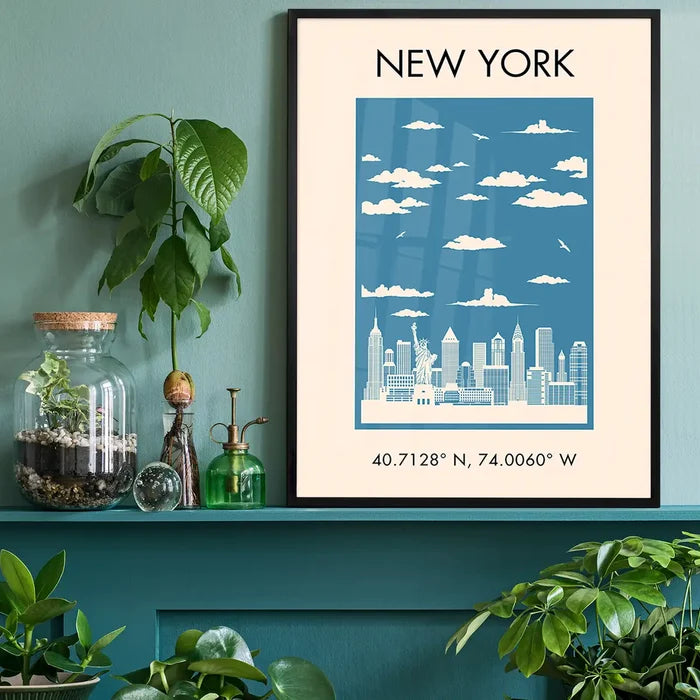 New York Tourist Style Print black framed on a living room shelf