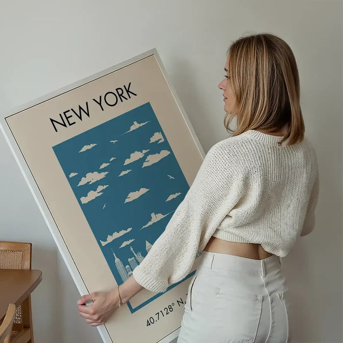 New York Tourist Style Print held up against a living room wall