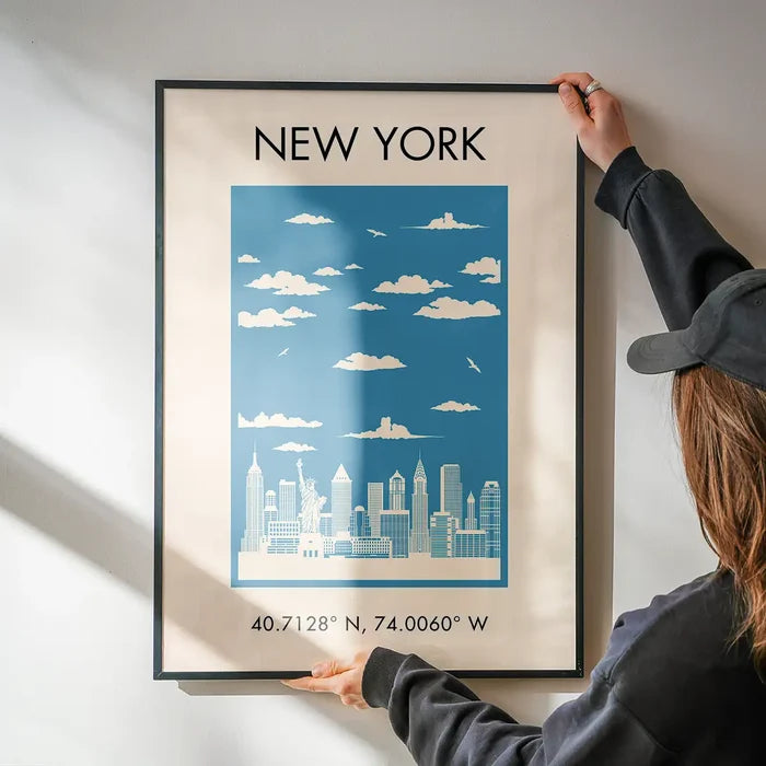 New York Tourist Style Print being hung on a wall in a black frame