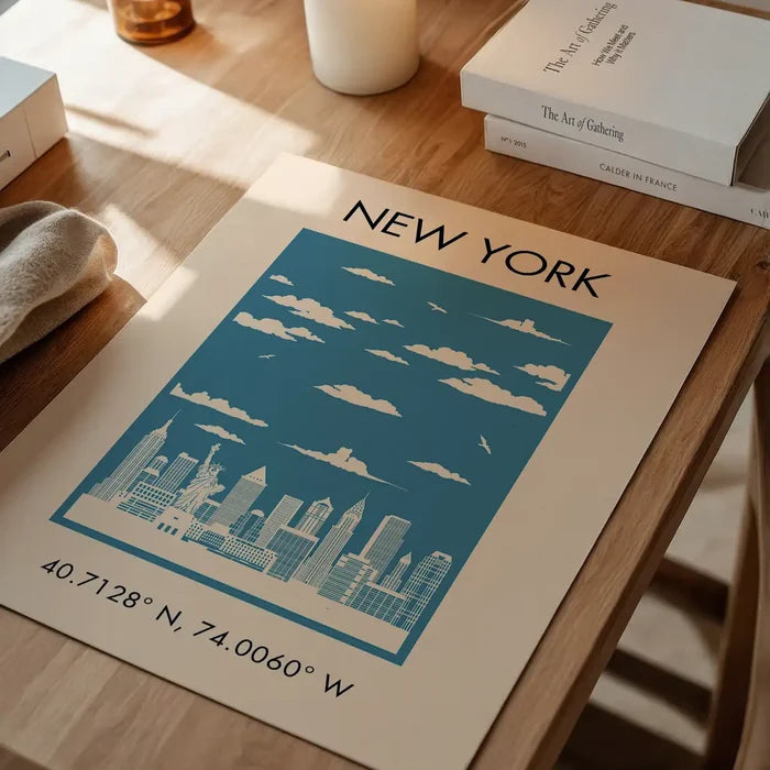 New York Tourist Style Print unframed on a home office desk