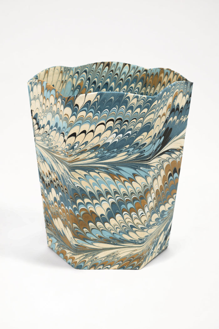 Nila Feathers Marbled Scalloped Wastebasket and Storage Bin — Nila Feathers wastebasket with scalloped rim; Inner Child