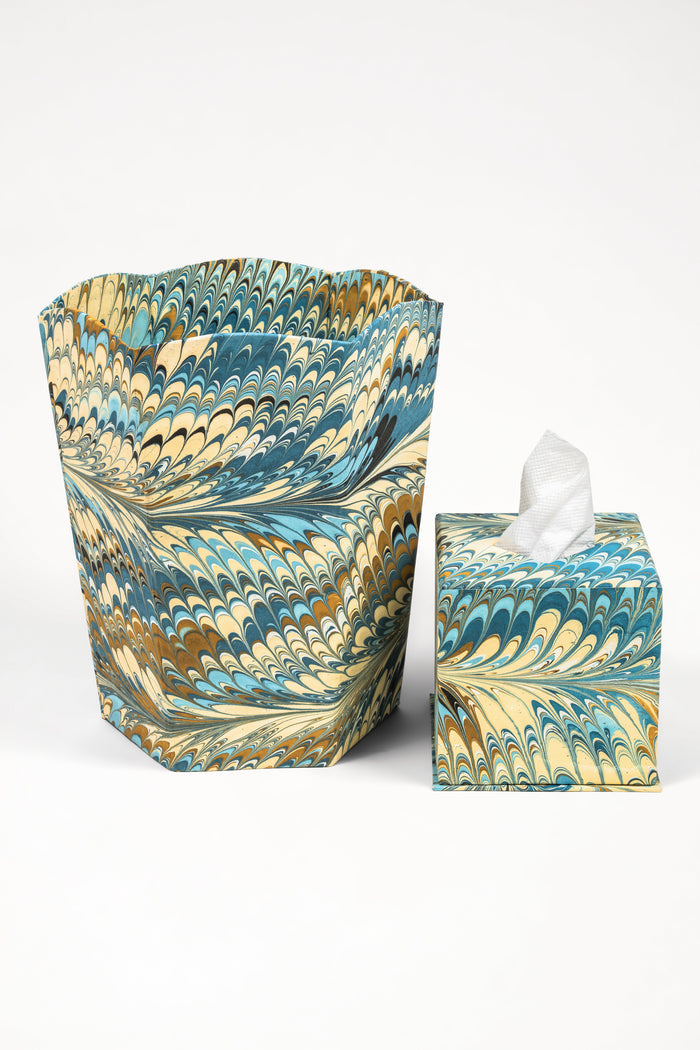 Nila Feathers Marbled Scalloped Wastebasket and Storage Bin — wastebasket beside a separately sold matching tissue box; Inner Child