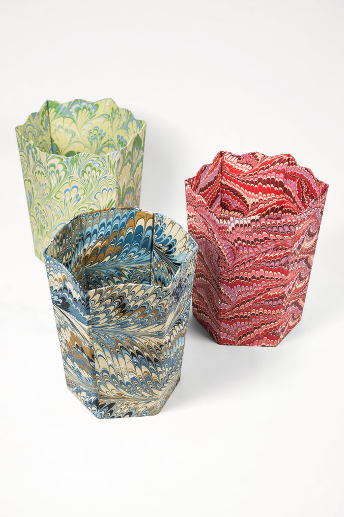 Nila Feathers Marbled Scalloped Wastebasket and Storage Bin — Nila bin beside separately sold patterned bins; Inner Child