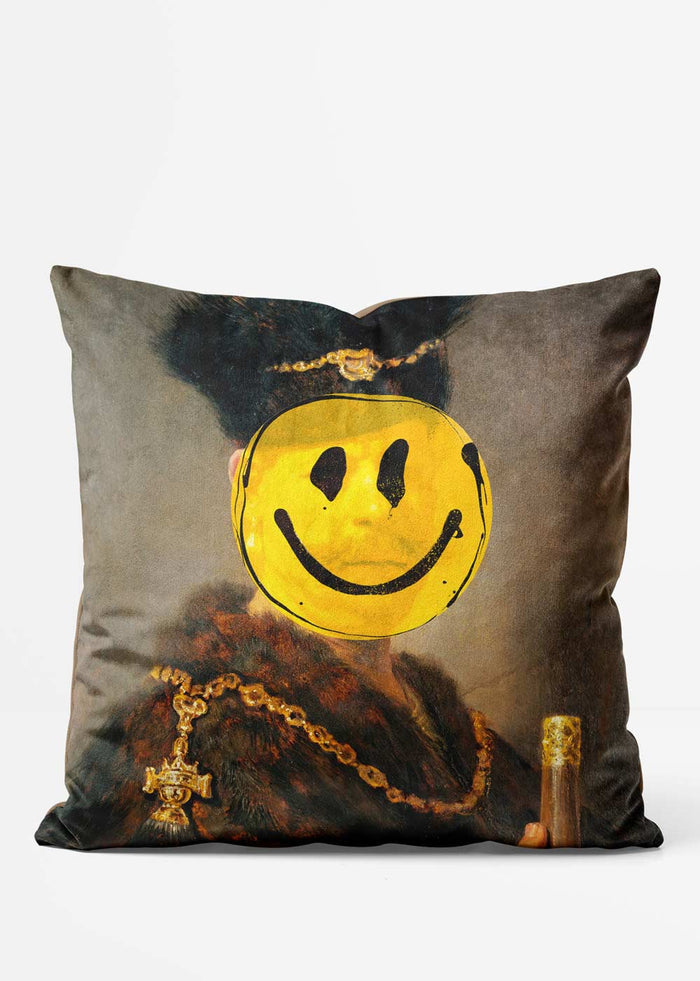 Nobleman Smiley Altered Art Cushion, front view in yellow