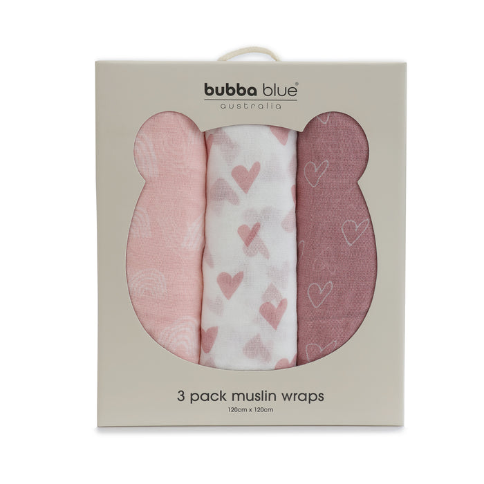 Nordic 3pk Muslin Wraps Dusty Berry/Rose - Bubba Blue Australia