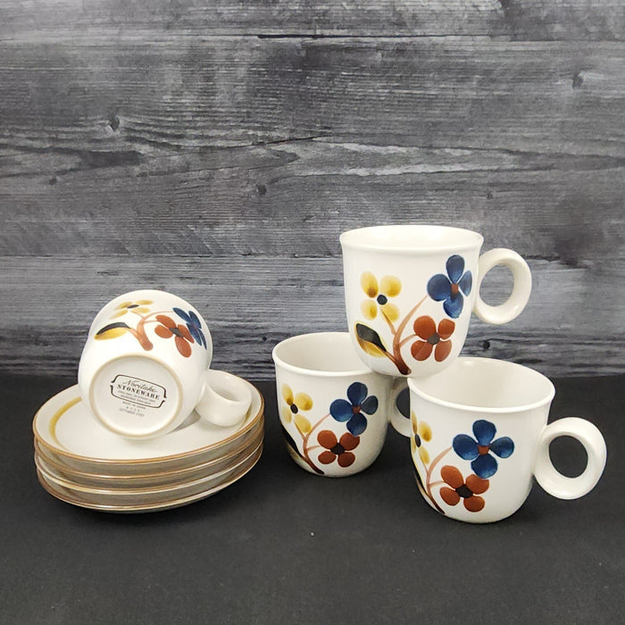Noritake October Fest Cup Saucer 4 Set No Trim Stoneware Brown Yellow Floral