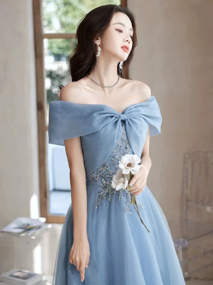 Off Shoulder Blue Beaded Long Prom Dresses, Off the Shoulder Blue Beaded Long Formal Evening Dresses