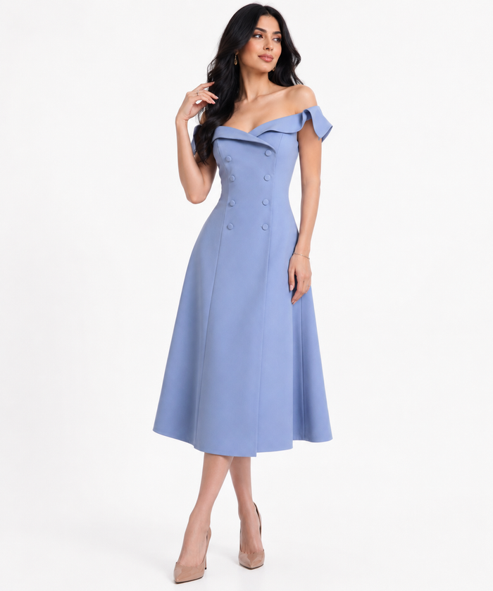 Off-Shoulder Buttoned Midi Dress - Azure