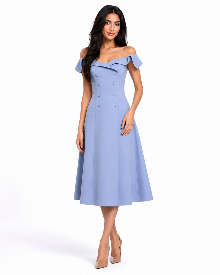 Off-Shoulder Buttoned Midi Dress - Azure