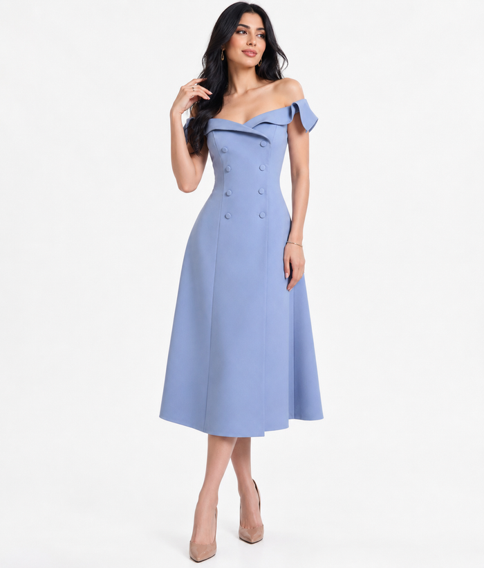 Off-Shoulder Buttoned Midi Dress - Azure