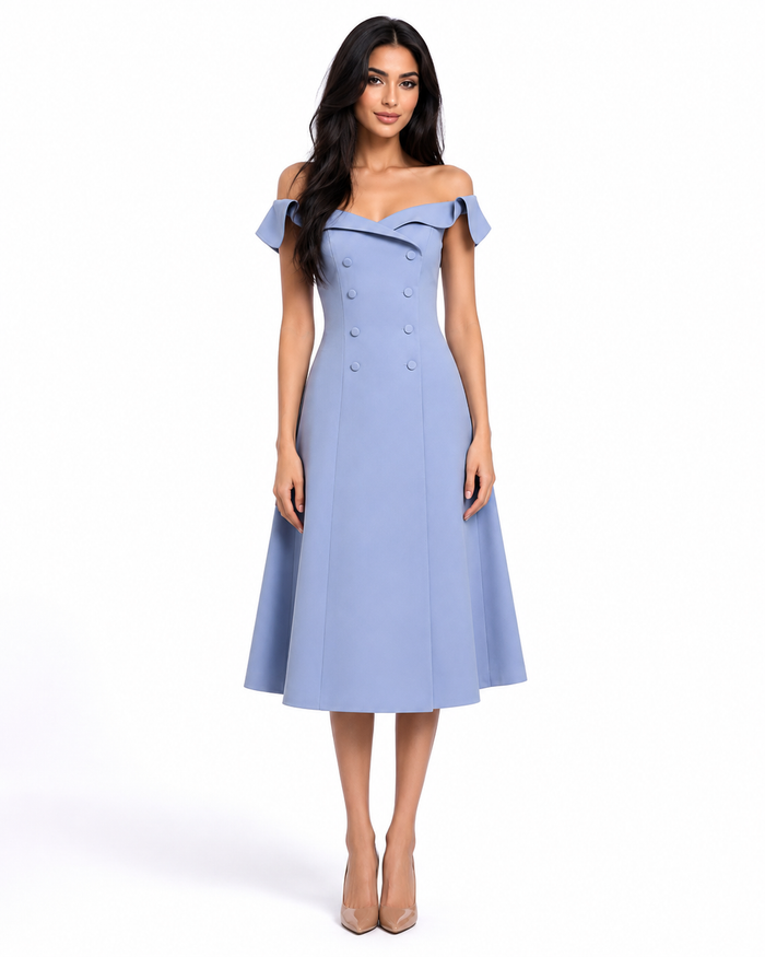 Off-Shoulder Buttoned Midi Dress - Azure