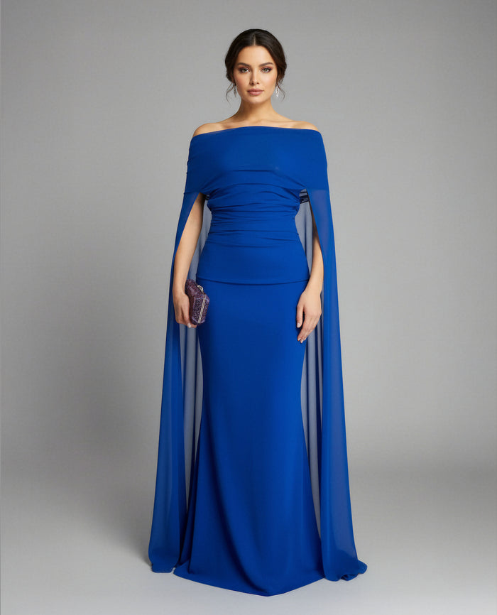 off-shoulder draped cape gown – Noral-1