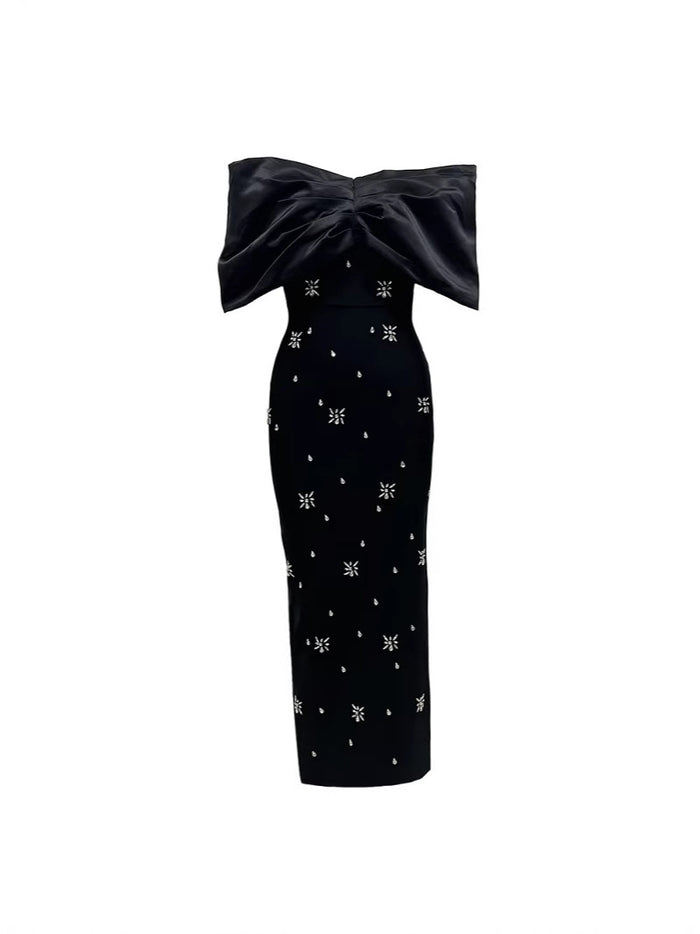 Off-Shoulder Embellished Column Maxi Dress – STELLA