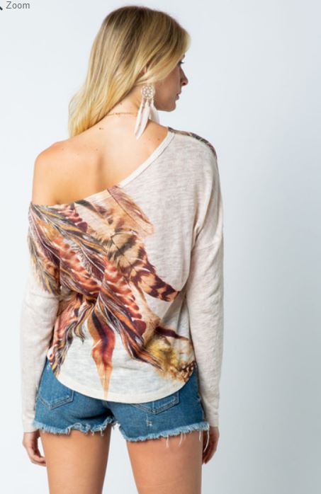 Off Shoulder L/S Top w/Feathers & Stones
